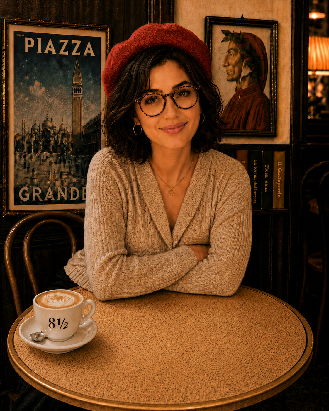 a young woman sitting on a coffe shop facing the camera